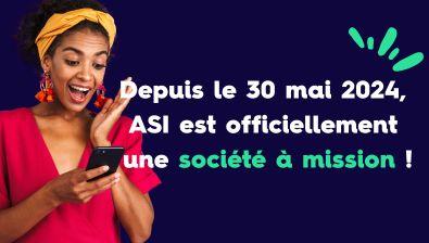 Femme surprise sur fond bleu avec un texte d'annonce "ASI devient société à mission"